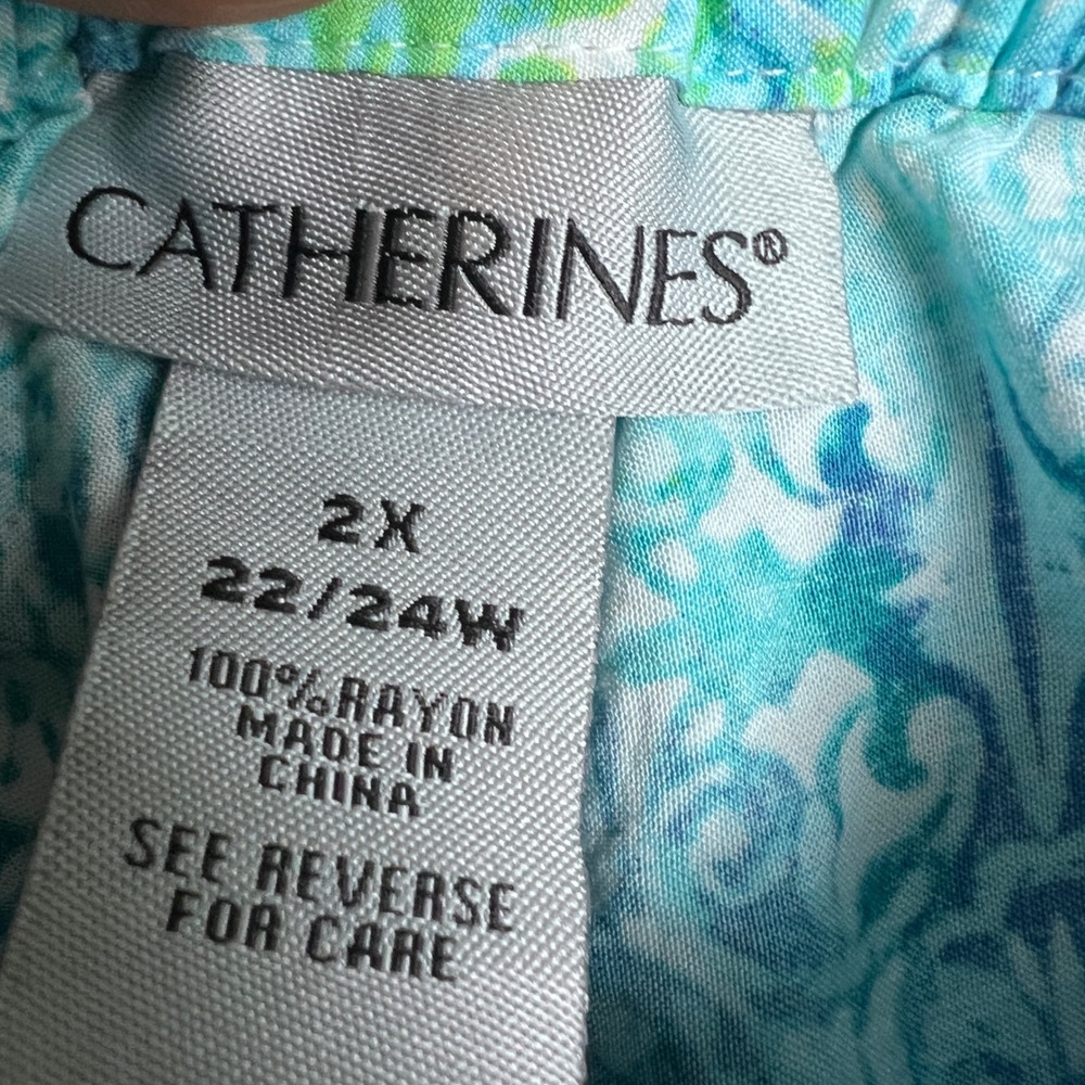 Catherines Wide Leg Pants Cropped 2X Blue Green Medallion Print Rayon Plus Size - Picture 8 of 9